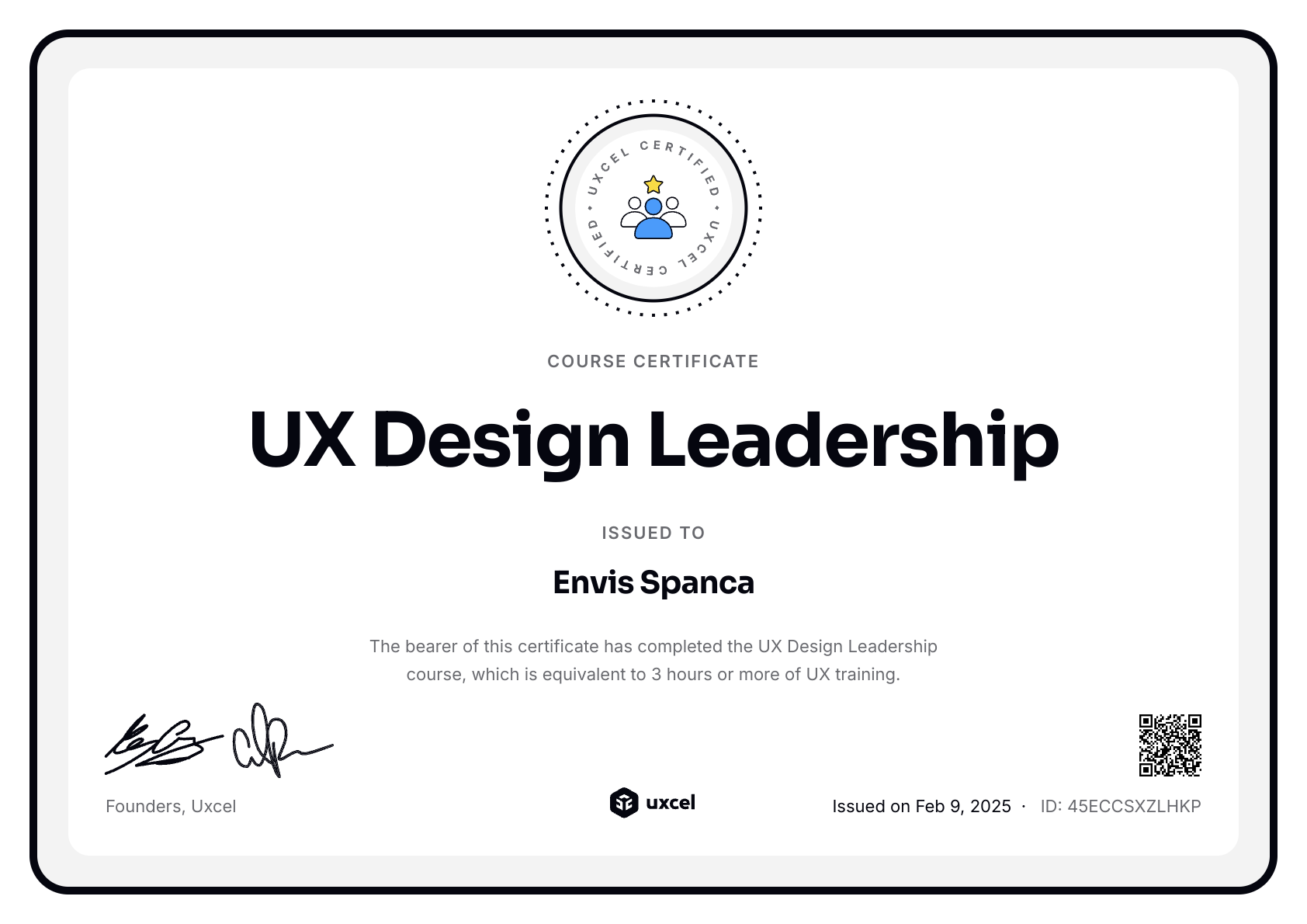 Envis Spanca's certificate